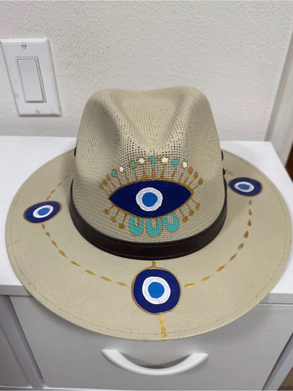 Beige Fedora Hat with Blue Evil Eye Motif